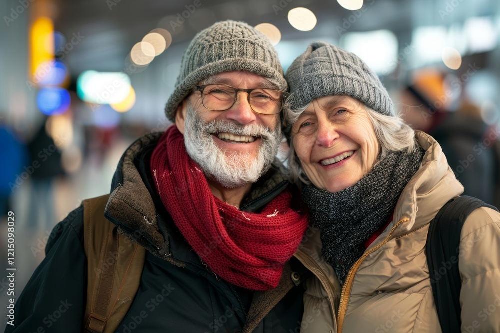 Portrait of a satisfied caucasian couple in their 60s donning a warm wool beanie over busy airport terminal Portrait of a satisfied caucasian couple in their 60s donning a warm wool beanie over busy airport terminal