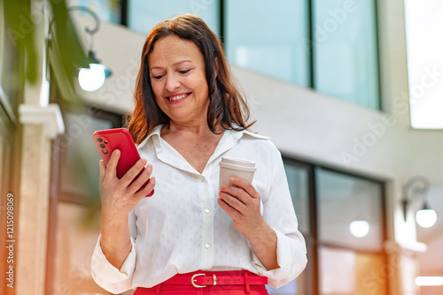 mulher passeando no shopping mexendo no celular e tomando café enquanto olha vitrines e faz compras
