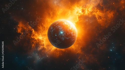 Fototapeta Naklejka Na Ścianę i Meble -  Intricate Cosmic Abstract Poster with Dynamic Hyper Jump Effect and Futuristic 3D Spherical Space Station