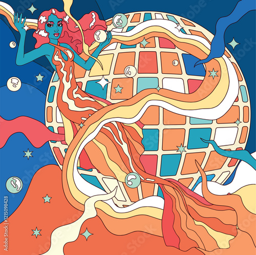 retro style, disco dance illustration, bright vibrant colors, dancing woman, mermaid, summer art
