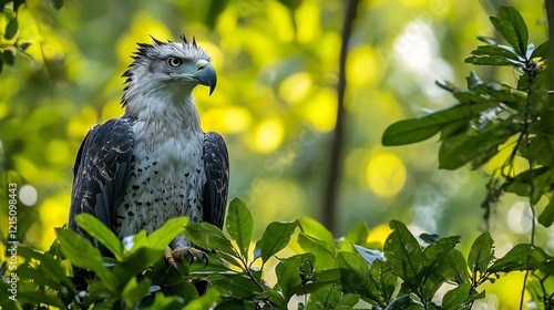 Harpy Eagle Harpia harpyja phylum Chordata class Aves order Accipitriformes family Accipitridae perched the jungle canopy its sharp beak and fierce gaze framed by vibrant green leaves photo