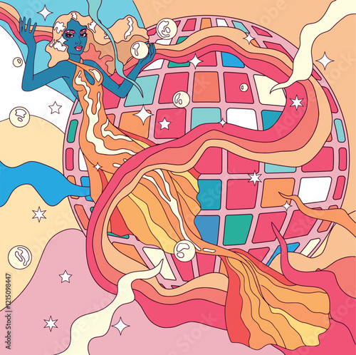 retro style, disco dance illustration, bright vibrant colors, dancing woman, mermaid, summer art	