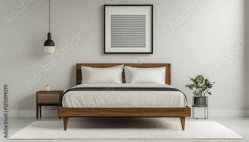 serene minimalist bedroom featuring wooden bed, white bedding, and plant