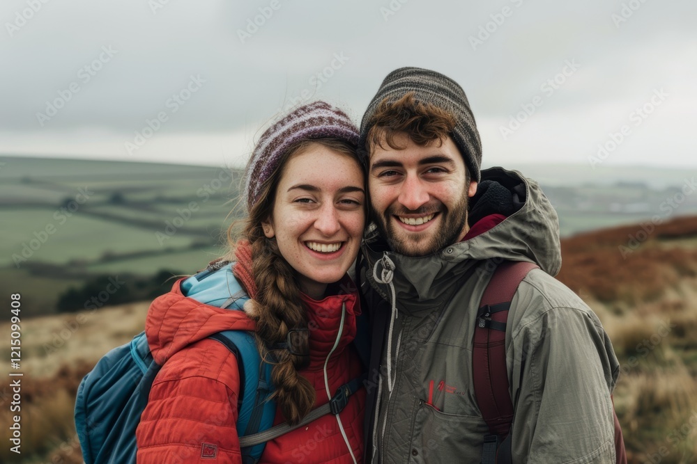 Portrait of a happy couple in their 20s wearing a windproof softshell over quiet countryside landscape Portrait of a happy couple in their 20s wearing a windproof softshell over quiet countryside landscape