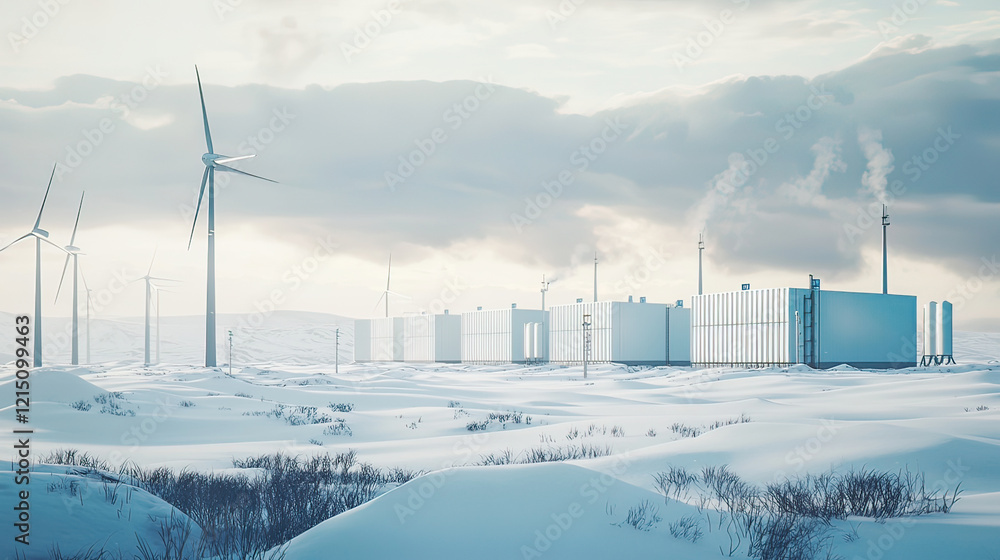 Close-up of clean energy storage facility in a snow-covered landscape, overcast sky, photorealistic Close-up of clean energy storage facility in a snow-covered landscape, overcast sky, photorealistic