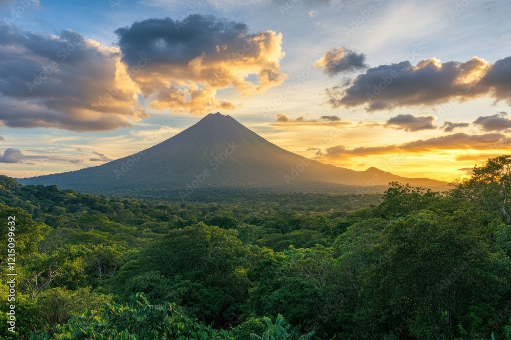 Fototapeta premium Majestic View of a Volcano Surrounded by Lush Green Forest under a Stunning Sunset Sky with Fiery Clouds Creating a Breathtaking Natural Landscape