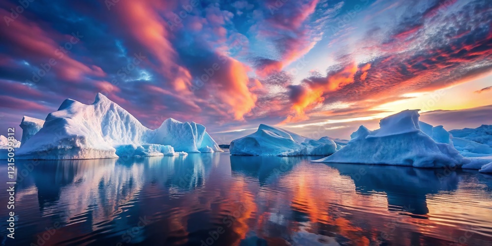 Fototapeta premium Majestic Icebergs at Sunset: Calm Waters, Pink Sky, Fluffy Clouds