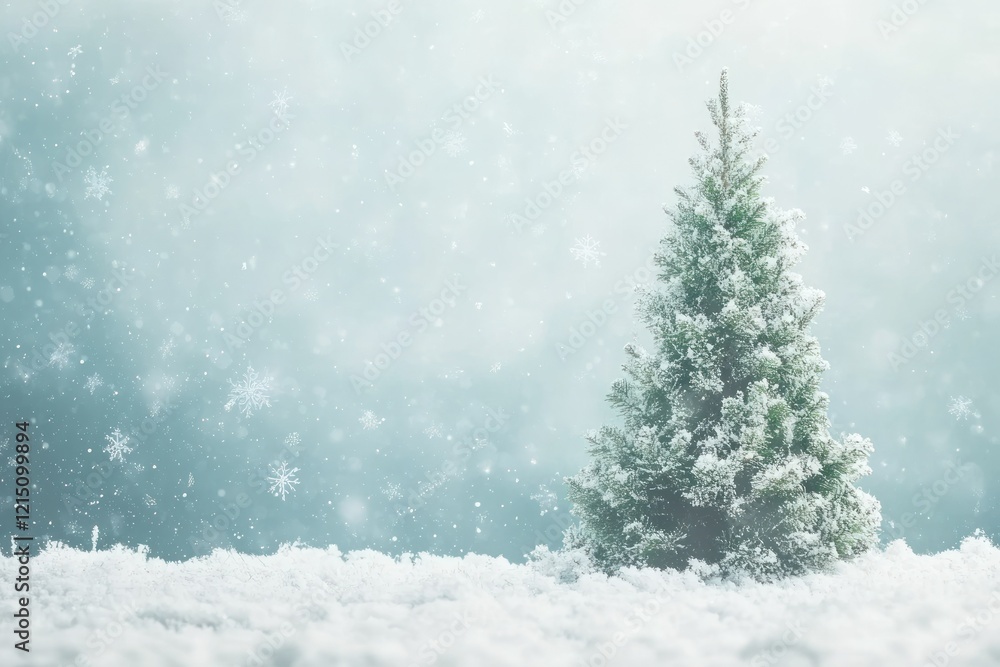 Obraz premium Serene Winter Landscape Featuring a Snow-Covered Pine Tree Under Gentle Falling Snowflakes in a Dreamy Atmosphere Perfect for Holiday Themes