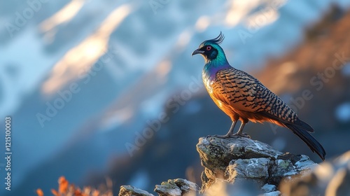 Himalayan Monal Lophophorus impejanus phylum Chordata class Aves order Galliformes family Phasianidae perched a rocky outcrop its iridescent feathers glowing against snowy peaks photo