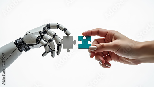 A robotic hand and a human hand are engaged in a moment of collaboration, exchanging a puzzle piece. This interaction symbolizes the merge of technology and human creativity.