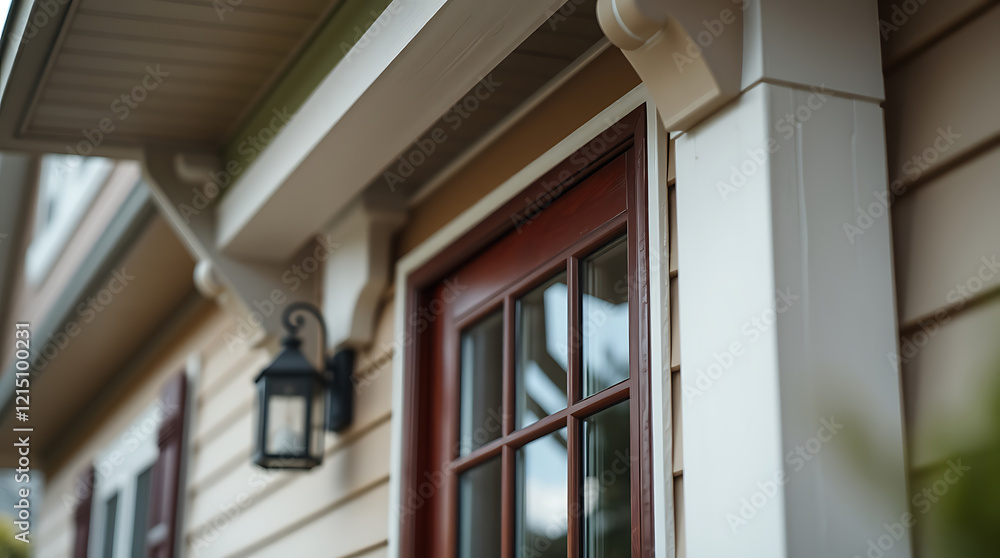Elegant Home Exterior: A Detailed View of a Classic House Entrance with a Rich Wooden Door and Shutters