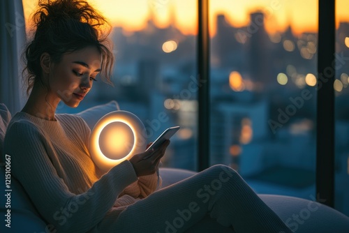 Woman relaxes on a comfy couch at sunset, using her phone and illuminated by a warm ring light. photo