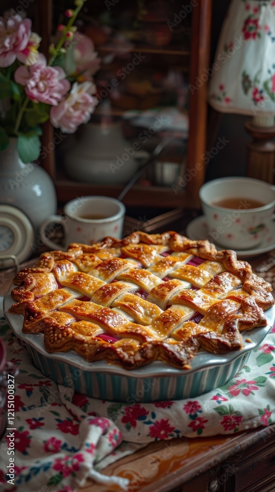 Naklejka premium There is a pie sitting on a table with a flowered table cloth, food background, vertical background