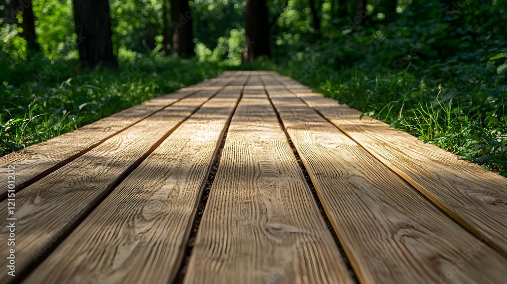 Fototapeta premium Wooden Pathway Through Lush Green Forest Landscape in Natural Light