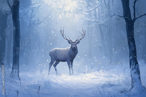 Majestic Deer Standing Alone in a Snowy Forest with Soft Light Filtering through Trees, Evoking Tranquility and Winter Serenity in a Mystical Setting