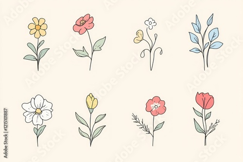 Colorful Hand-Drawn Floral Illustrations Featuring Various Flower Types and Greenery, Perfect for Spring and Summer Design Projects