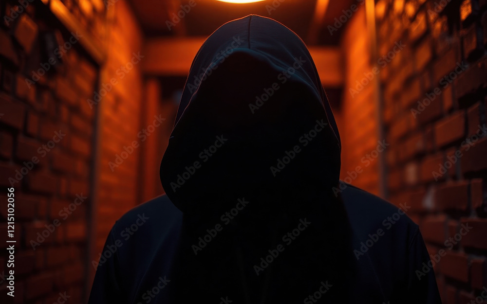 faceless figure in a black hood in a brick corridor with Light Salmon lighting faceless figure in a black hood in a brick corridor with Light Salmon lighting