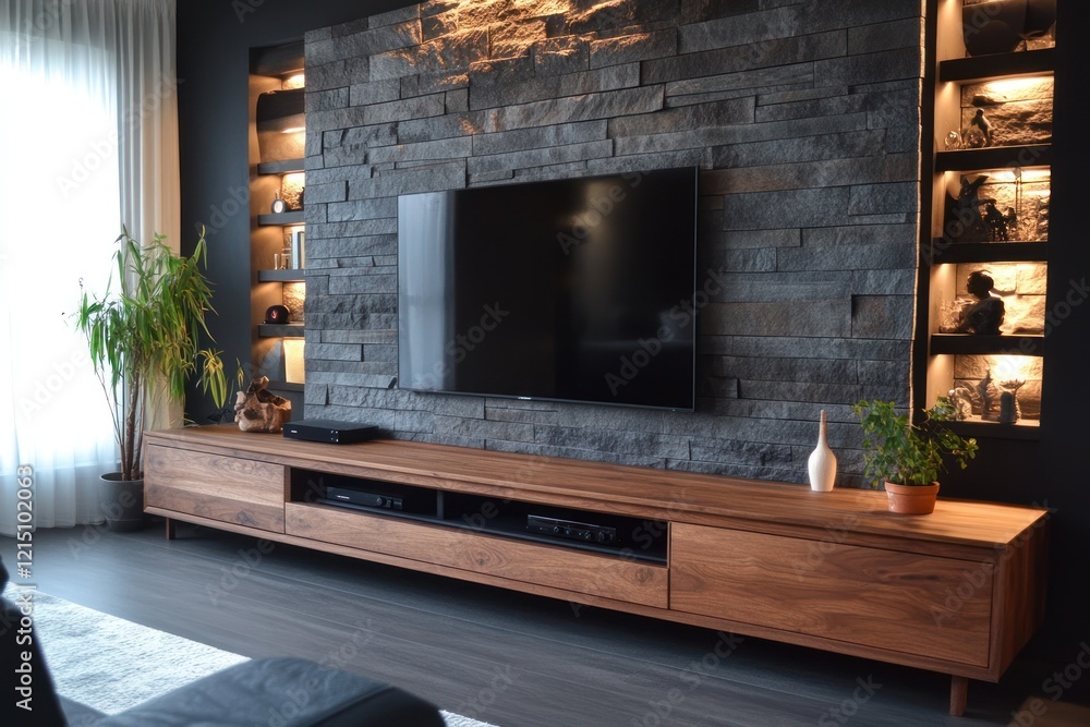 Modern living room with stone accent wall, flat screen TV, and long wooden media console. Modern living room with stone accent wall, flat screen TV, and long wooden media console.