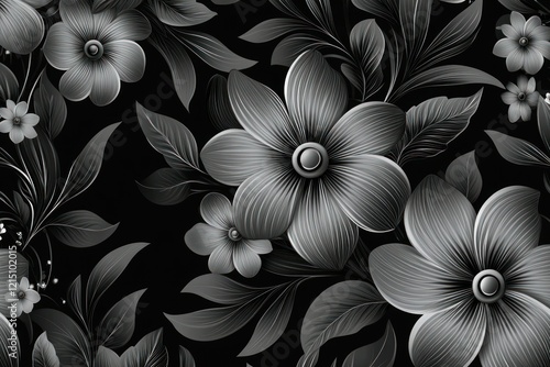 Elegant Black and White Floral Pattern with Intricate Leaf Details, Featuring Delicate Flowers and Rich Textures on a Dark Background for Sophisticated Designs