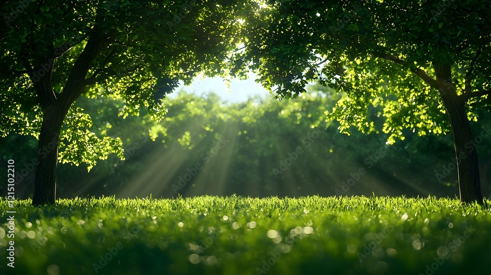 Fototapeta premium Serene Landscape with Sunlight Filtering Through Green Trees