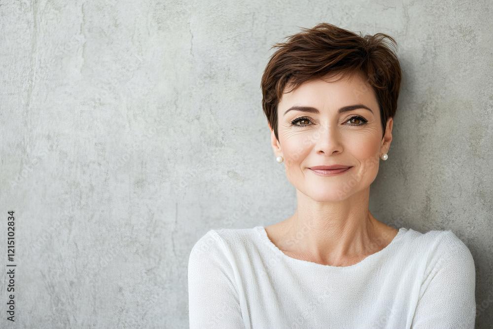 Graceful and confident middle-aged woman with natural beauty, exuding sophistication and elegance, ideal for lifestyle, wellness, and professional imagery.