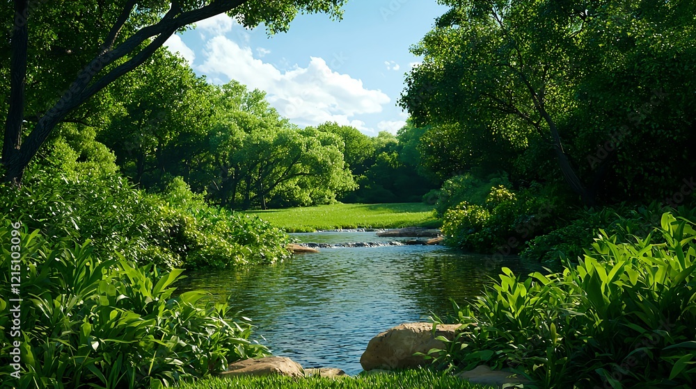 Obraz premium Tranquil Natural Landscape with Lush Greenery and Calm Water