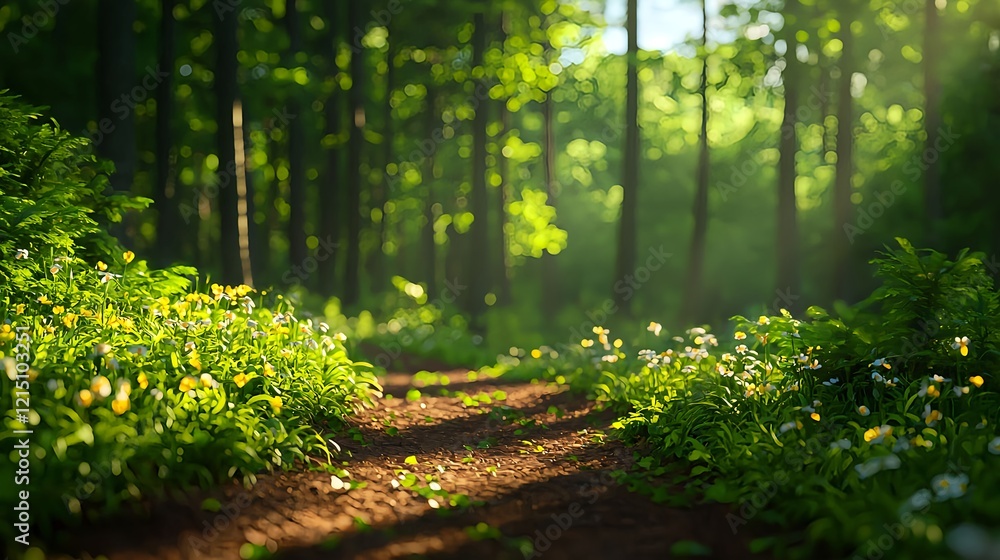 Fototapeta premium Serene Nature Trail Surrounded by Lush Green Foliage and Flowers