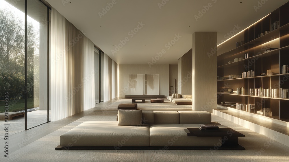 Obraz premium Modern minimalist living room, sunlit, garden view, serene