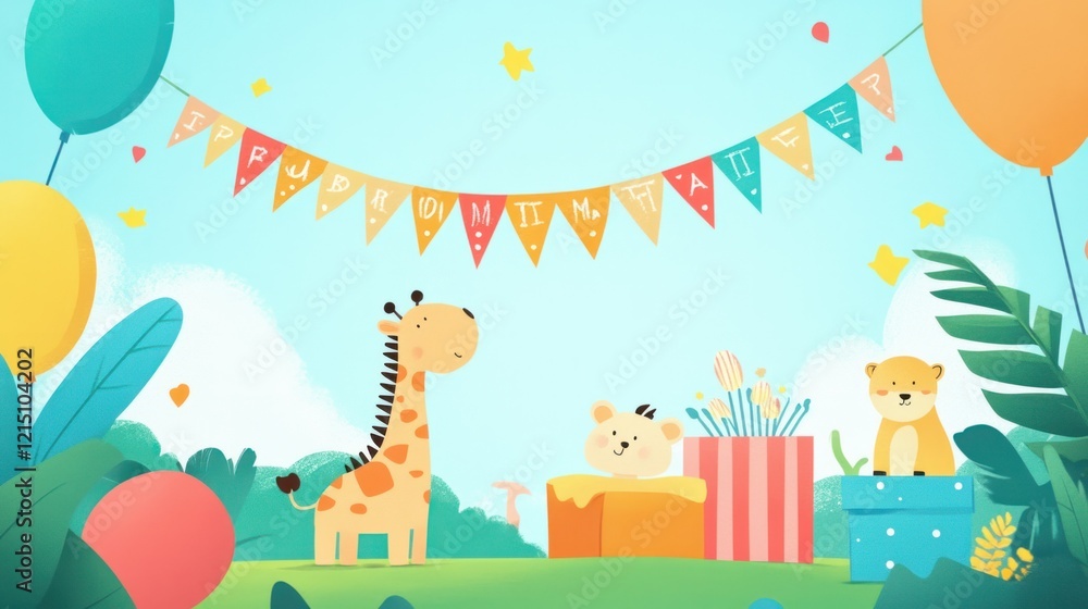 A playful birthday backdrop featuring bright banners, cartoon animals, and fun party elements for a kids' event. A playful birthday backdrop featuring bright banners, cartoon animals, and fun party elements for a kids' event.