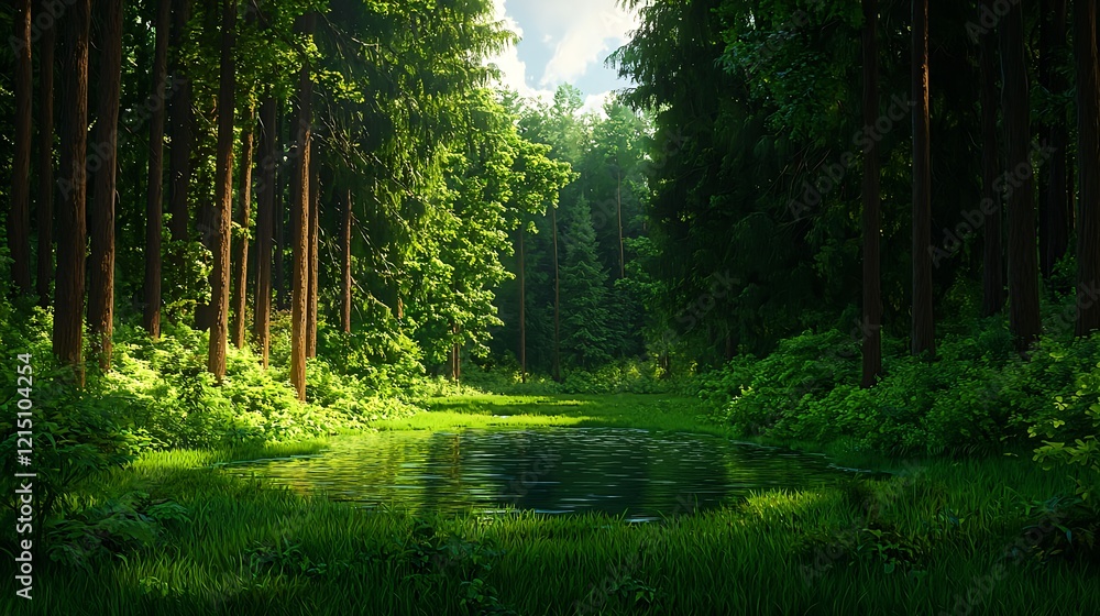 Fototapeta premium Tranquil Forest Scene with Lush Greenery and Serene Water Reflection