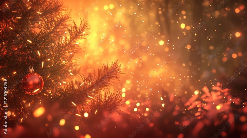 Fototapeta premium Golden baubles and fairy lights on christmas tree with snowflakes