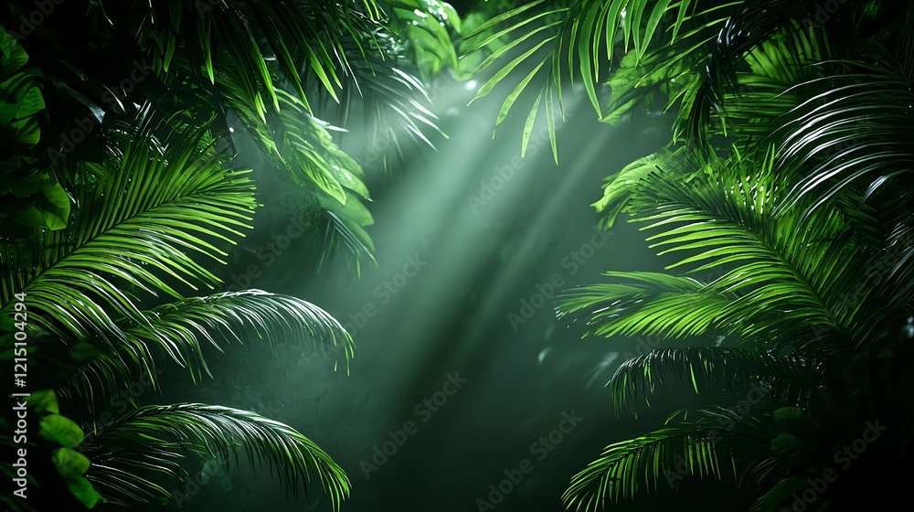 Fototapeta premium Lush Green Jungle with Sun Rays Filtering Through Dense Foliage