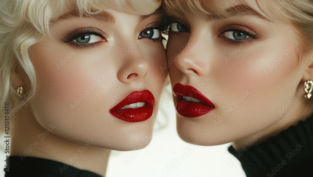 Close-up of two young blonde models with red lipstick and eye shadow, both have beautiful eyes. Close-up of two young blonde models with red lipstick and eye shadow, both have beautiful eyes.
