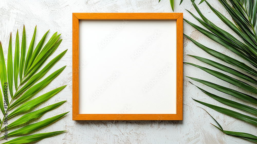 blank wooden frame surrounded by green palm leaves on textured background evokes natural and serene atmosphere blank wooden frame surrounded by green palm leaves on textured background evokes natural and serene atmosphere