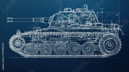 A precise blueprint of a tank showing exploded views of its suspension, steering systems, and drive train mechanics.