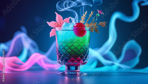 Lovely Cocktail Art: A Tall Glass of Dazzling, Layered Liquor Colours, Set Against a Neon Blue and Cyan Background with Thin Translucent Smoke, Styled in Intricate Anime Food Art photo