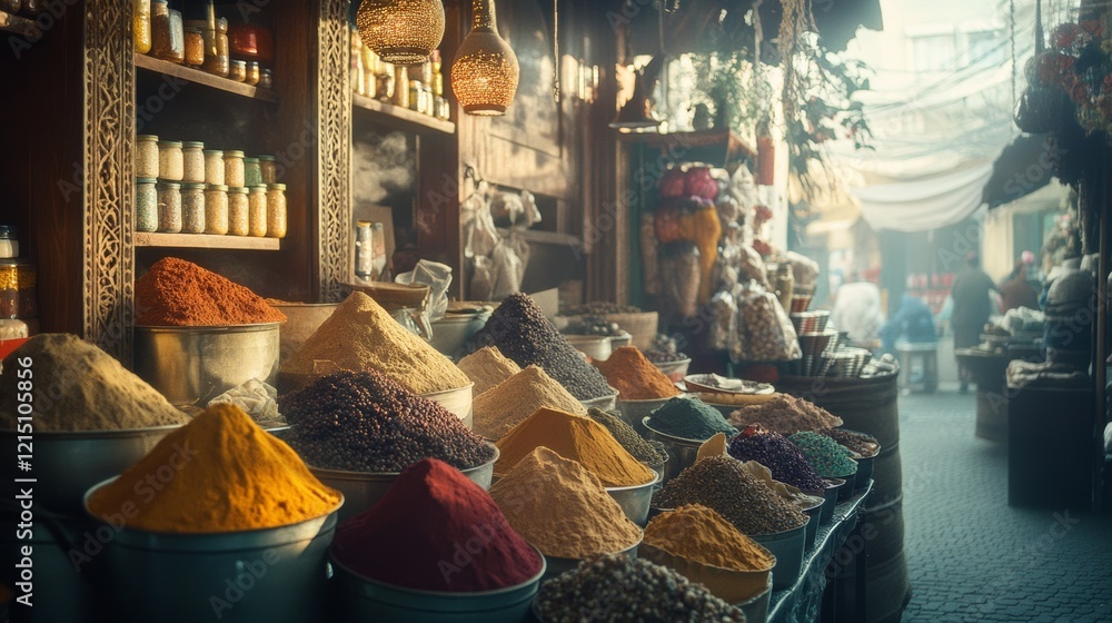 Naklejka premium Bountiful display of spices in sacks and barrels exudes a rich tapestry of colors, scents, and culture in a bustling market setting.