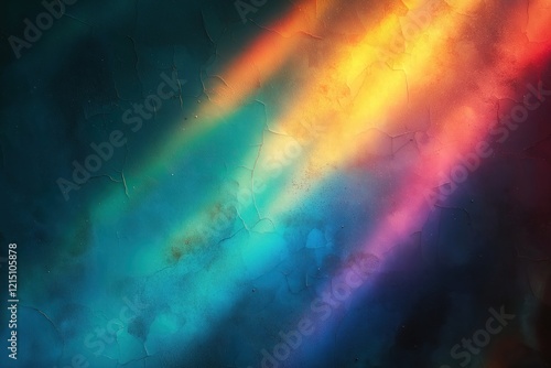 Distressed wall with blue hues shows colorful lens flare. Weathered faded stained glass texture with dust scratches. Smeared dirt creates blur effect of rainbow light. Suitable for abstract photo