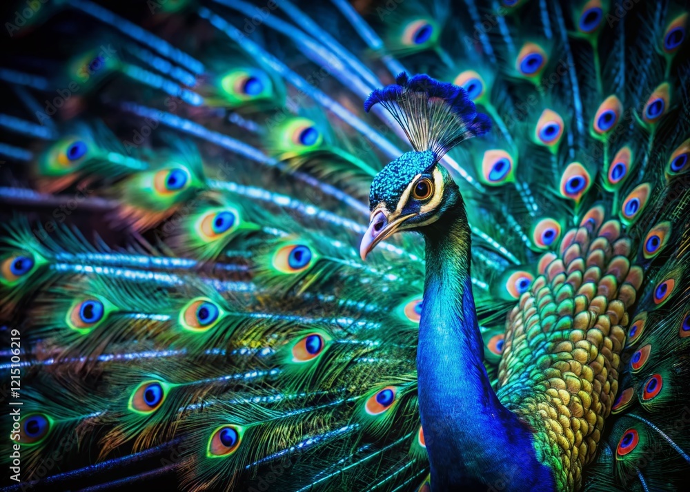 Obraz premium Majestic Peacock with Loose Tail Feathers at Night, Vibrant Colors, Dark Background