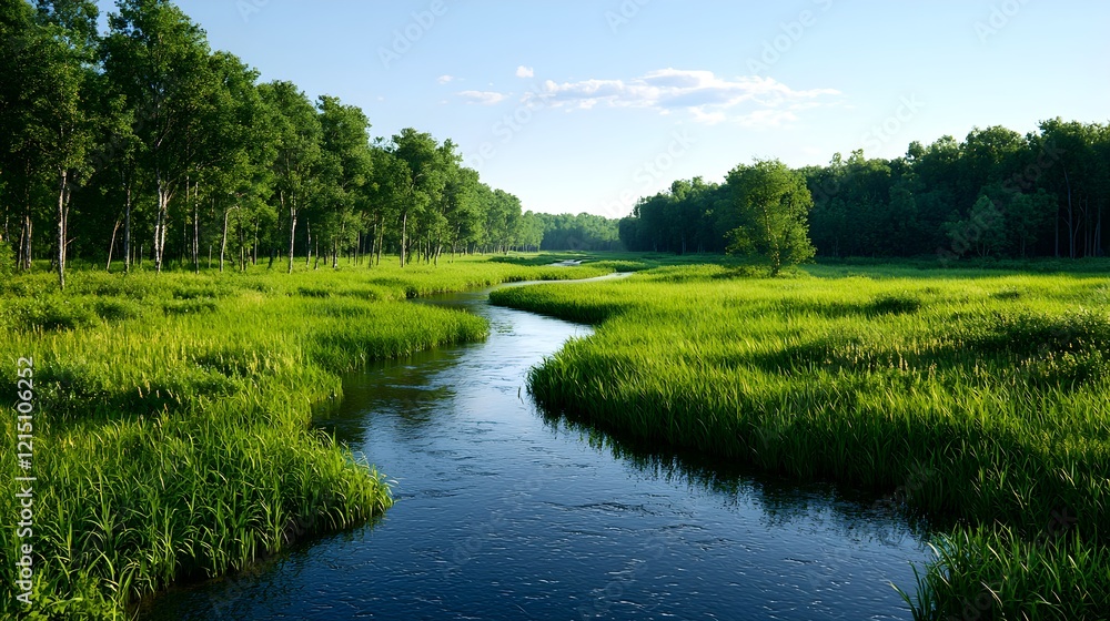 Serene Green Landscape with Calm River and Lush Vegetation Serene Green Landscape with Calm River and Lush Vegetation