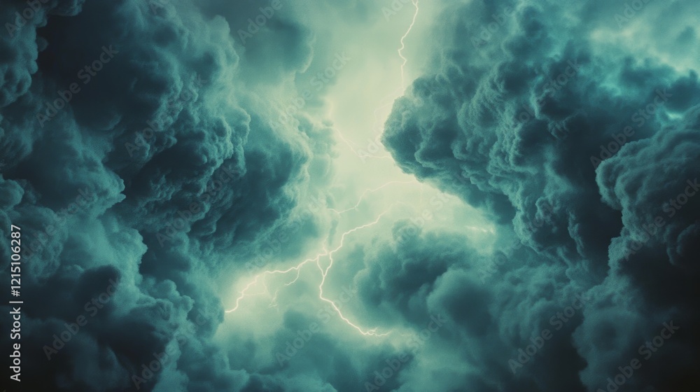 Obraz premium Dark, swirling storm clouds gather menacingly, pierced by a vivid lightning bolt, capturing nature’s raw and untamed energy.