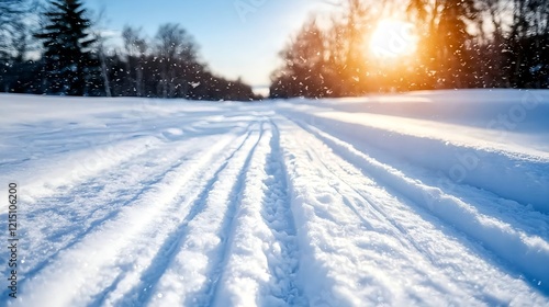 Snowy Path with Sunlight Glimmering Over Winter Landscape