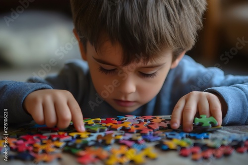 Young boy concentrating on connecting puzzle pieces, demonstrating focus and cognitive development photo