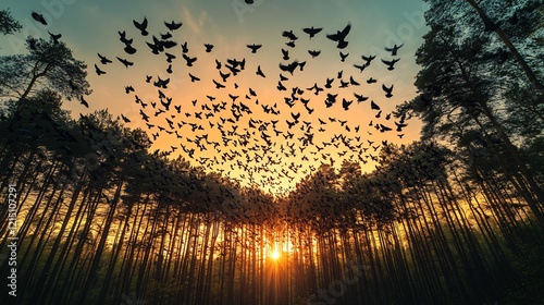 Passenger Pigeons Ectopistes migratorius phylum Chordata class Aves order Columbiformes family Columbidae flying over forest canopy at sunset their synchronized movements glowing photo