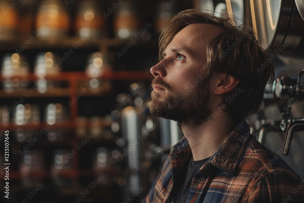 Generative AI image of person exploring traditional winery wooden barrels for wine beer alcohol production Generative AI image of person exploring traditional winery wooden barrels for wine beer alcohol production