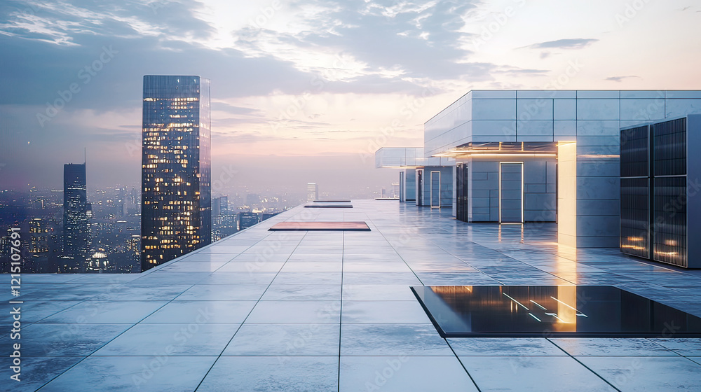 Fototapeta premium Energy storage solutions integrated into a modern skyscraper rooftop, city skyline in the distance, soft twilight lighting