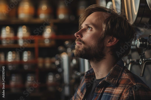 Generative AI image of person exploring traditional winery wooden barrels for wine beer alcohol production photo