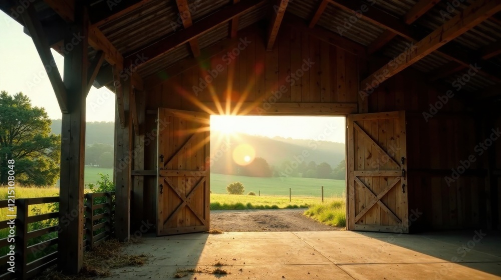 Rustic Wooden Barn Doors Open to a Scenic Sunrise View Revealing a Tranquil Pastoral Landscape Rustic Wooden Barn Doors Open to a Scenic Sunrise View Revealing a Tranquil Pastoral Landscape