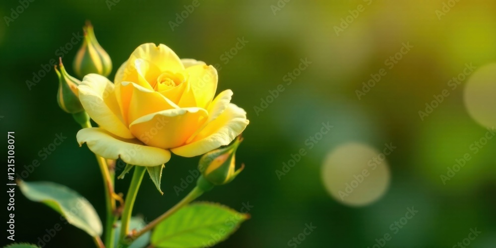 A single yellow rose blooms, bathed in the warm glow of sunlight, with several unopened buds surrounding it, creating a serene and peaceful scene in a lush green garden. A single yellow rose blooms, bathed in the warm glow of sunlight, with several unopened buds surrounding it, creating a serene and peaceful scene in a lush green garden.