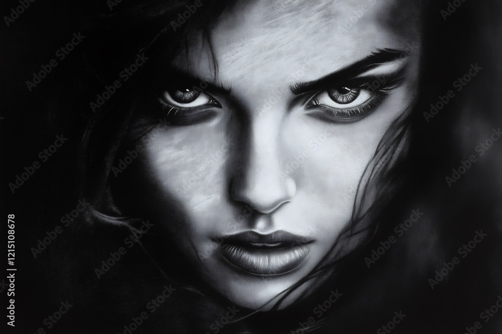Charcoal drawing of a woman with intense gaze emerging from darkness, creating a dramatic and mysterious atmosphere Charcoal drawing of a woman with intense gaze emerging from darkness, creating a dramatic and mysterious atmosphere
